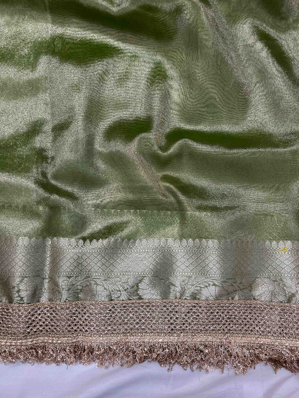Banarasee Handwoven Plain Tissue Saree With Gold Zari Border & Lace-Light Green