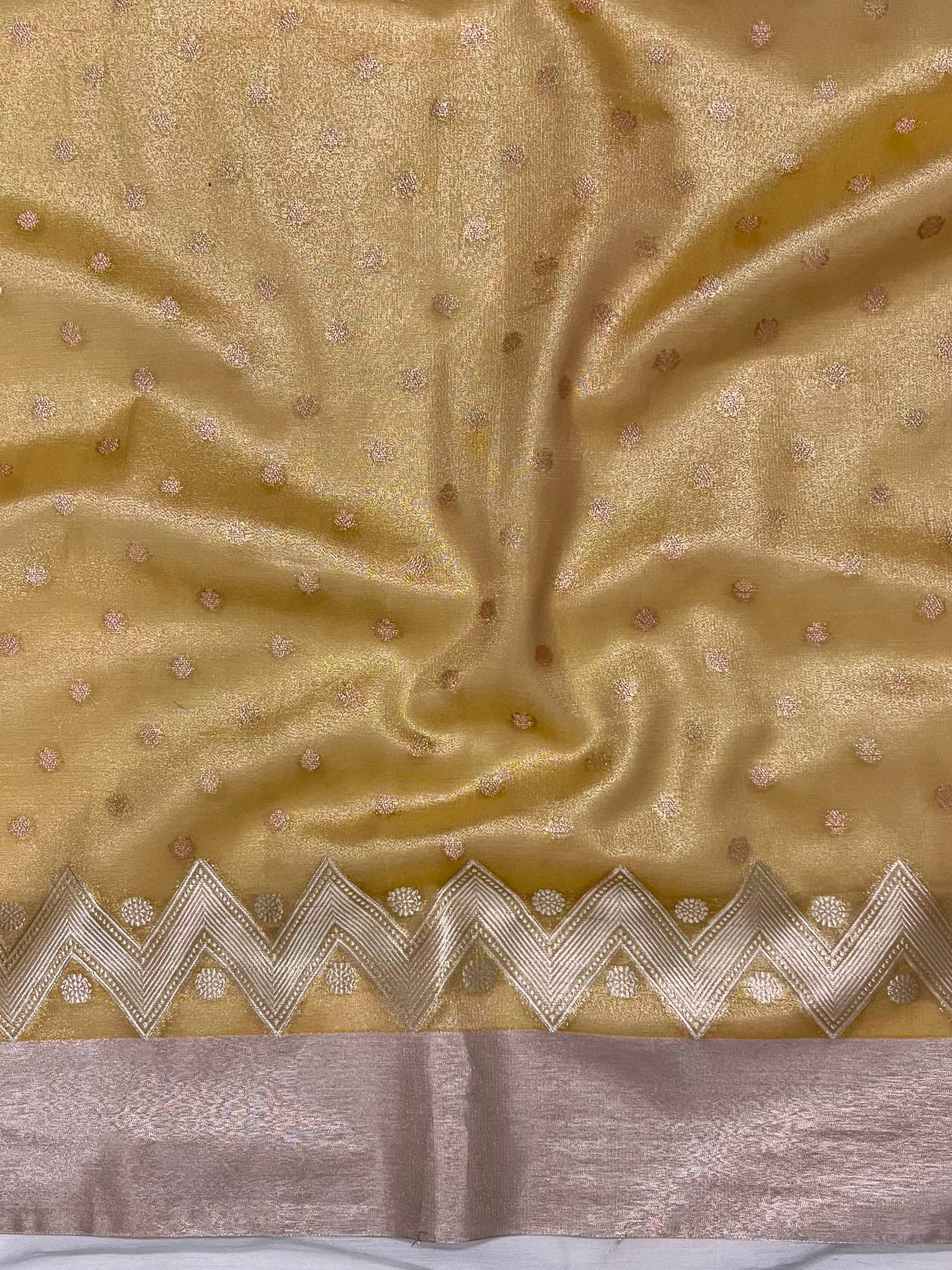 Banarasee Handwoven Tissue Saree With Zari Buti Design & Lace-Yellow