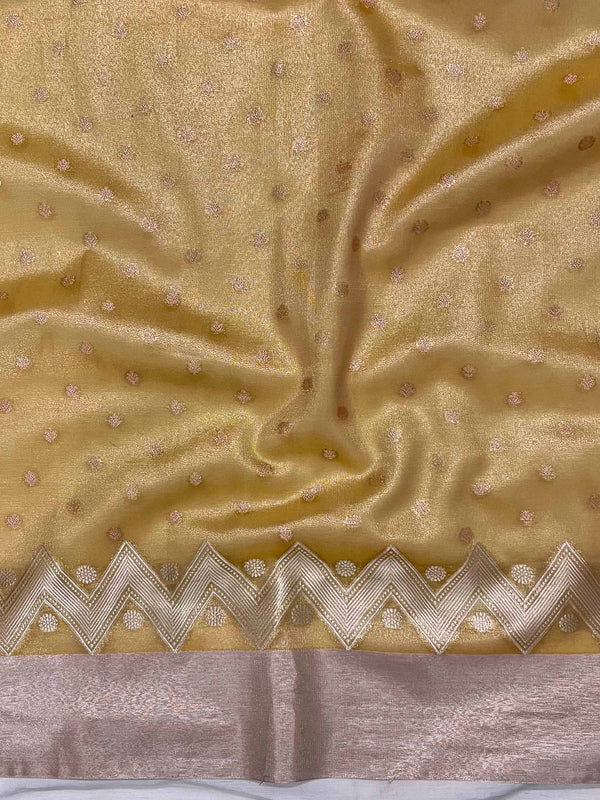 Banarasee Handwoven Tissue Saree With Zari Buti Design & Lace-Yellow