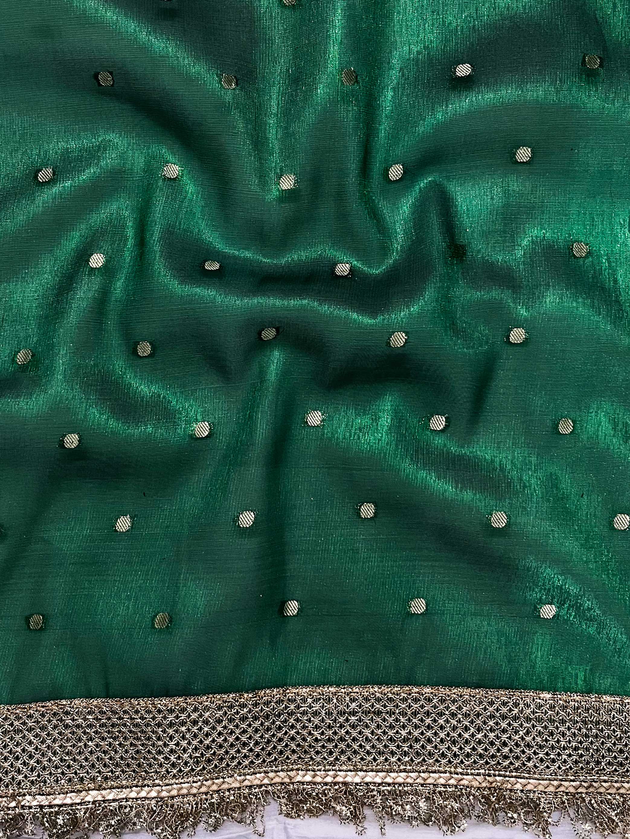 Banarasee Handwoven Tissue Saree With Zari Buti Design & Lace-Green