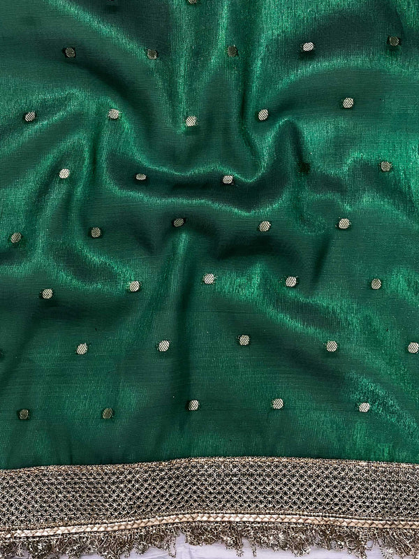 Banarasee Handwoven Tissue Saree With Zari Buti Design & Lace-Green