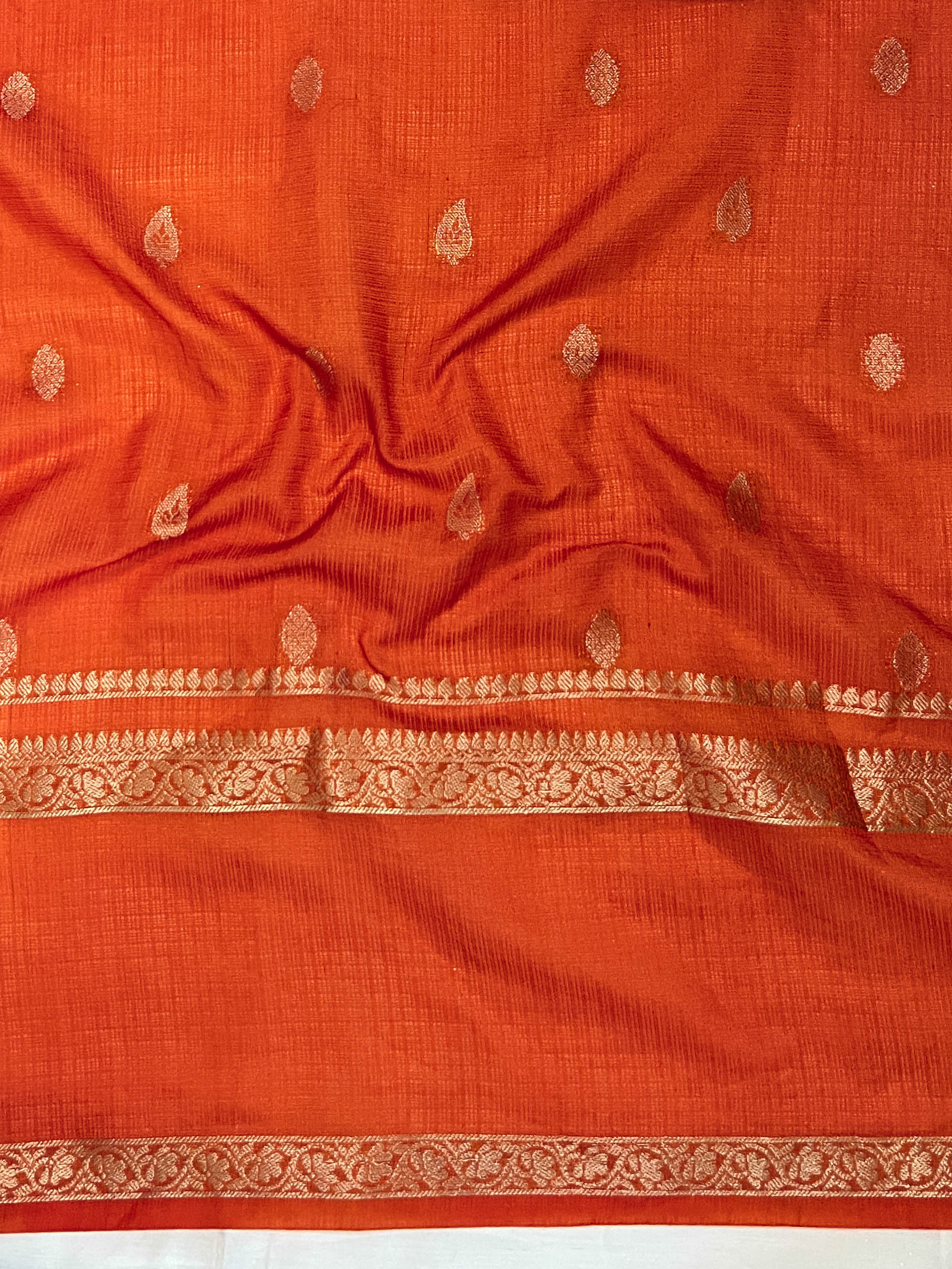 Banarasee Cotton Silk Kota Checks Saree With Buti Design & Contrast Border-Navy Blue & Orange