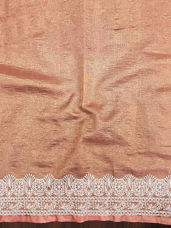 Banarasee Handwoven Crushed Tissue Saree With Chikankari Work-Rust