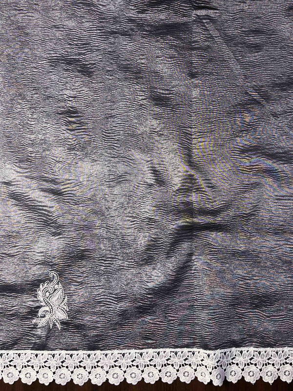 Banarasee Handwoven Crushed Tissue Saree With Handwoven Pearl Motifs & Lace-Grey