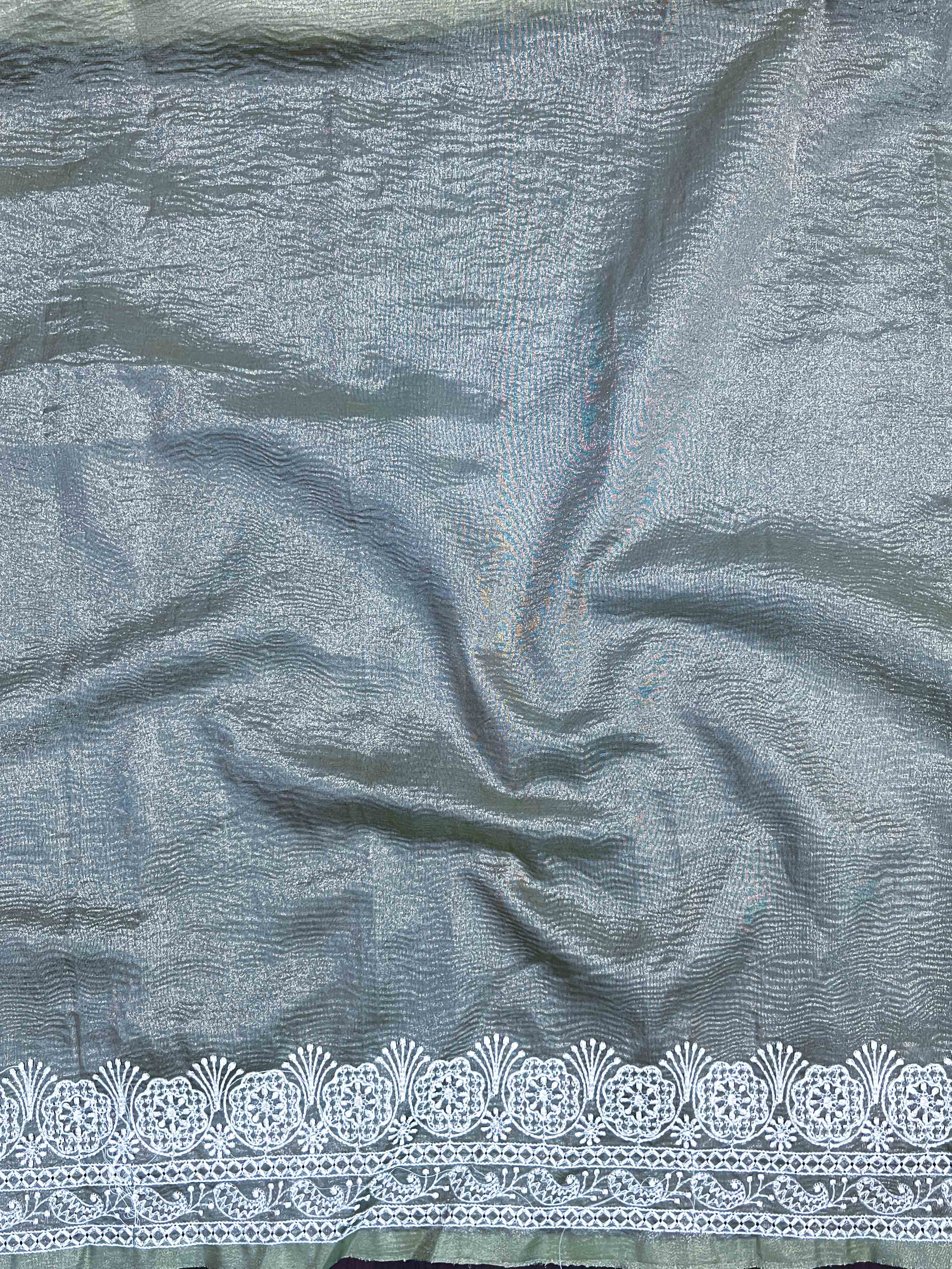 Banarasee Handwoven Crushed Tissue Saree With Chikankari Work-Aqua Blue