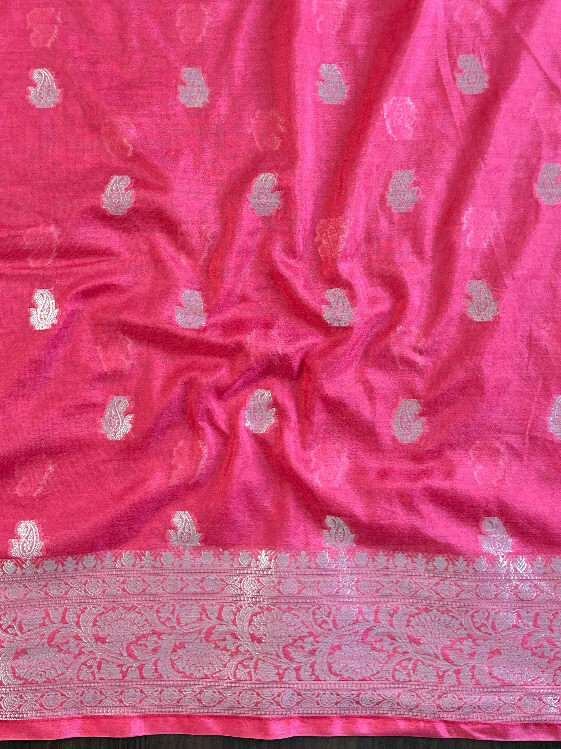 Banarasee Handloom Semi Silk Saree With Zari Buta Work & Contrast Border-Blush Pink(Dual Tone)
