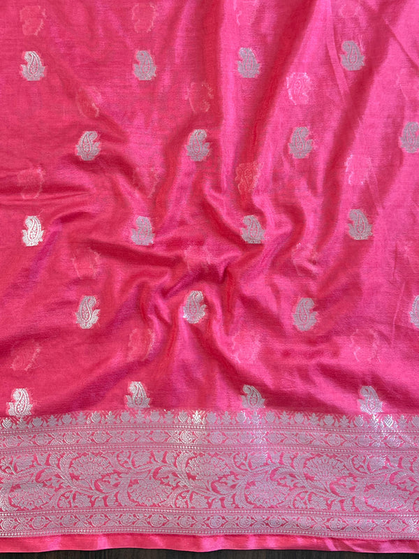 Banarasee Handloom Semi Silk Saree With Zari Buta Work & Contrast Border-Blush Pink(Dual Tone)