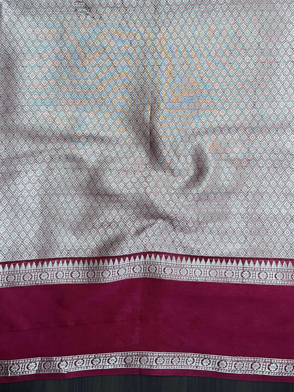 Banarasee Handwoven Semi Silk Saree With Zari Stripes Pattern & Contrast Border-Black & Maroon