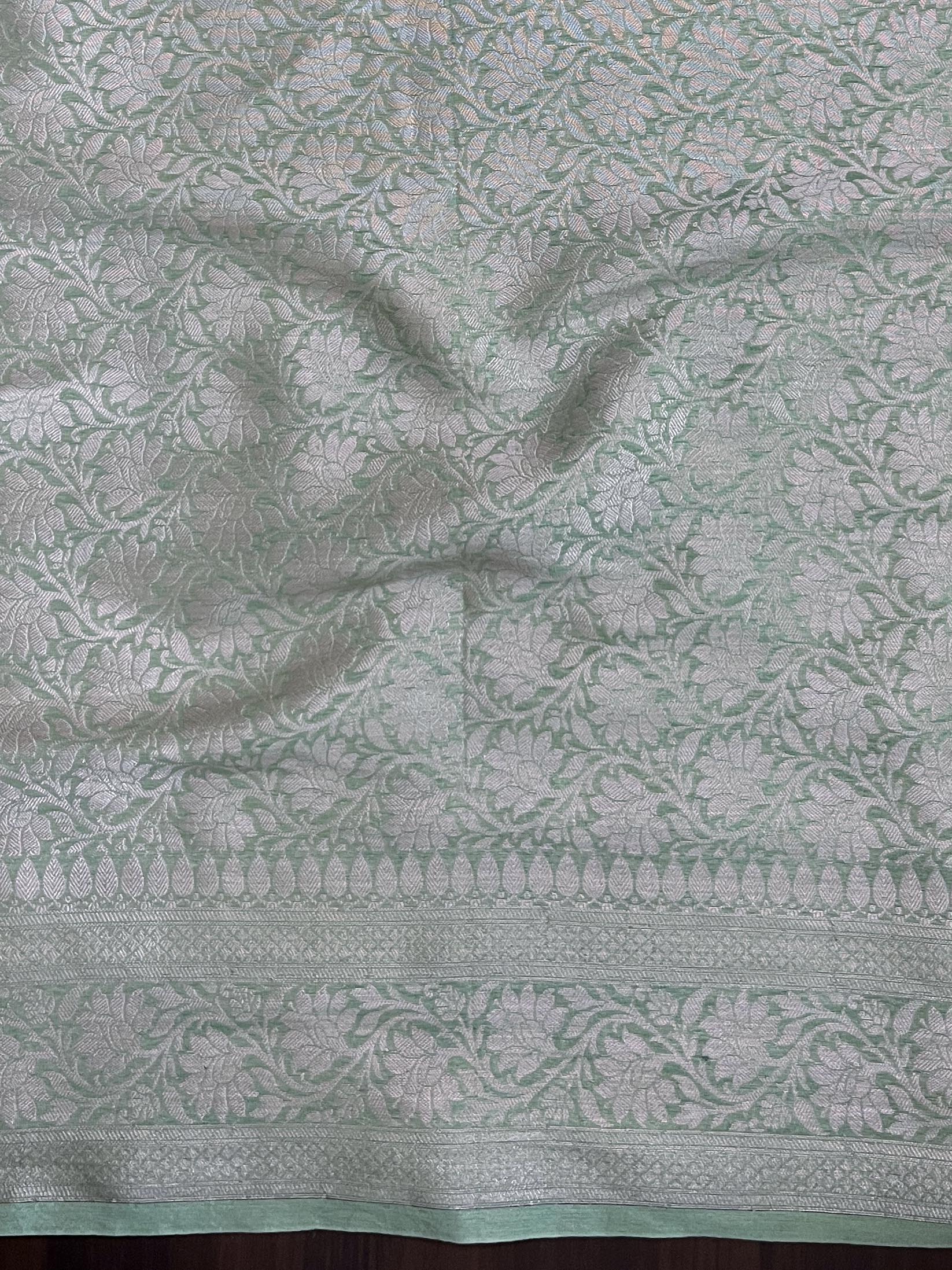 Banarasee Handwoven Plain Semi Silk Saree With Zari Border-Pistachio Green