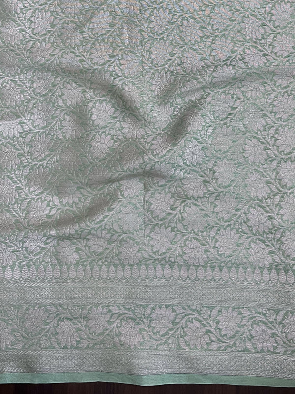 Banarasee Handwoven Plain Semi Silk Saree With Zari Border-Pistachio Green