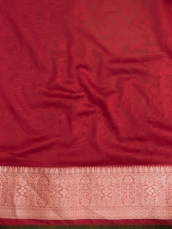 Banarasee Handloom Georgette Saree With Silver Zari Work & Contrast Border-Cream & Red