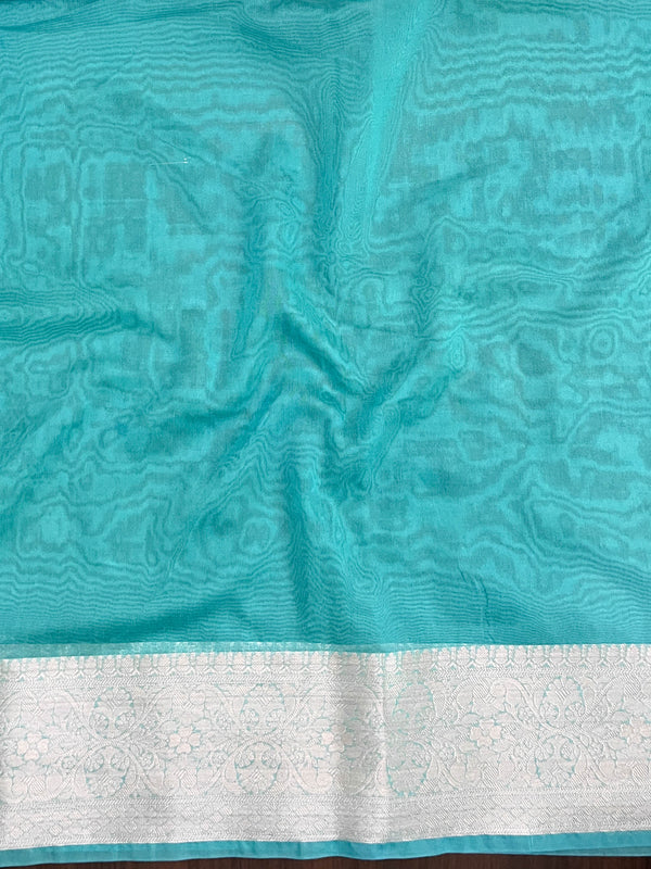 Banarasee Handloom Georgette Saree With Silver Zari Work & Border-Turquoise Blue