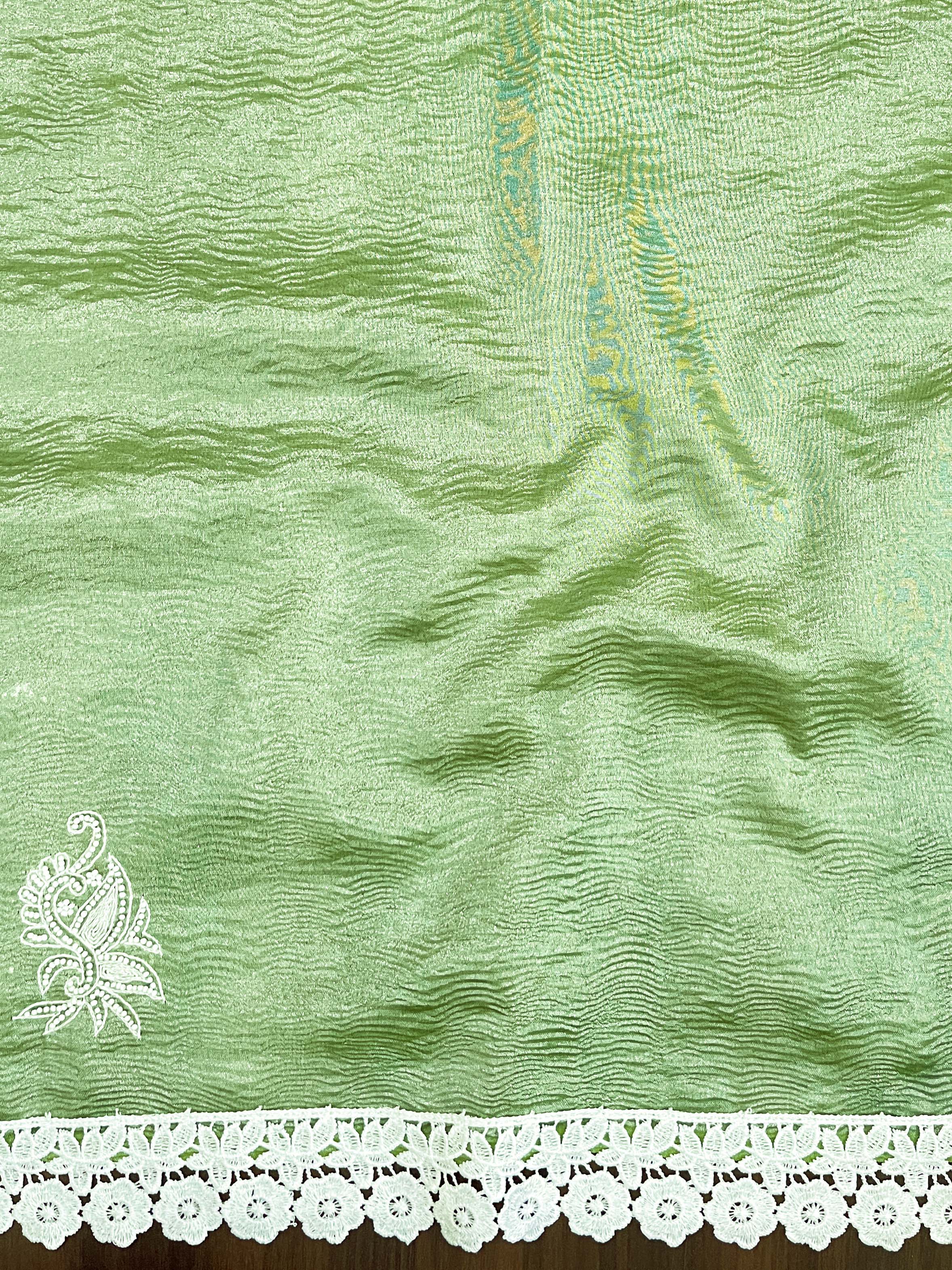 Banarasee Handwoven Crushed Tissue Saree With Handwoven Pearl Motifs & Lace-Light Green