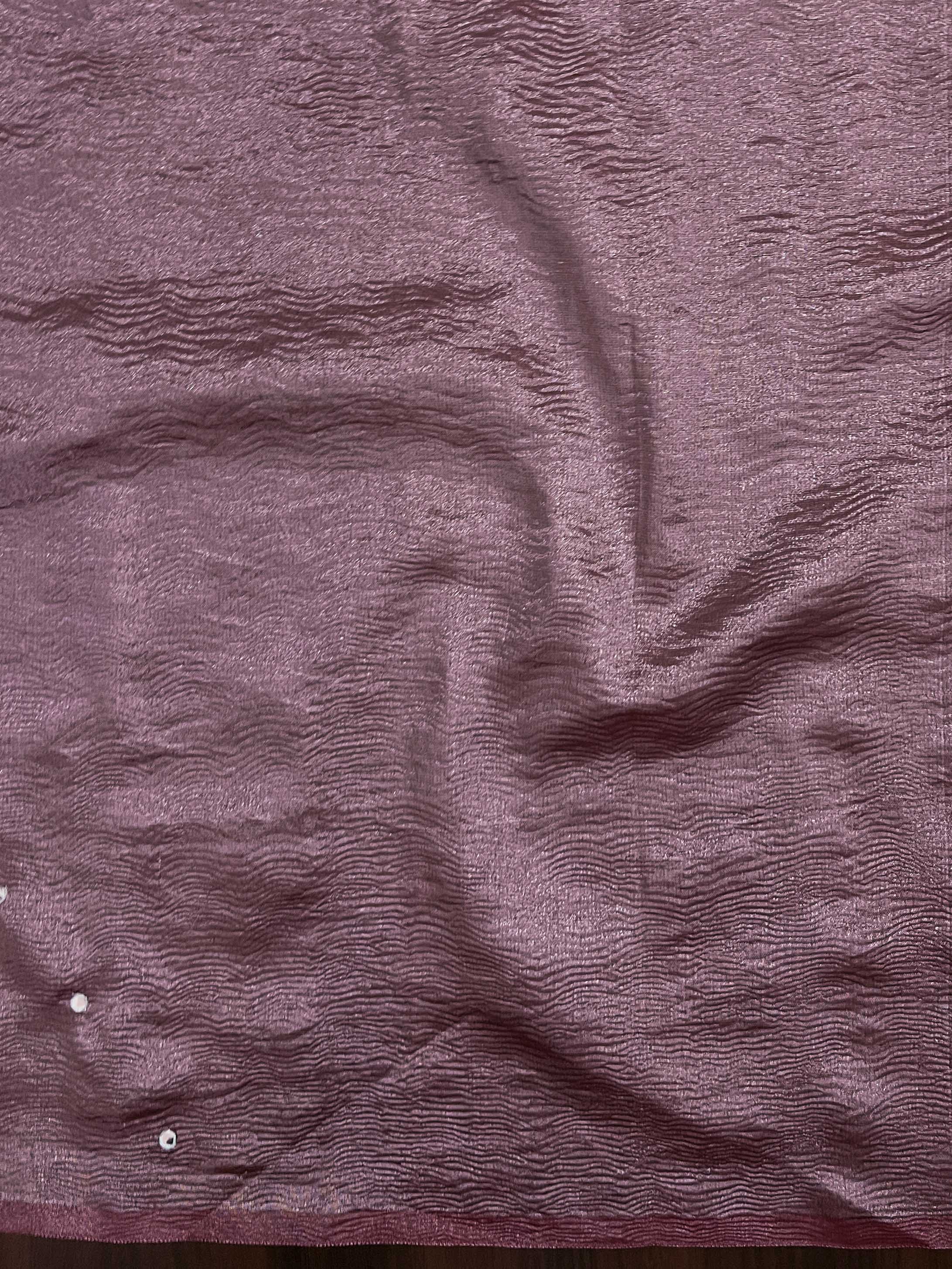 Banarasee Handwoven Crushed Tissue Saree With Mirror Work & Contrast Border-Pastel Green