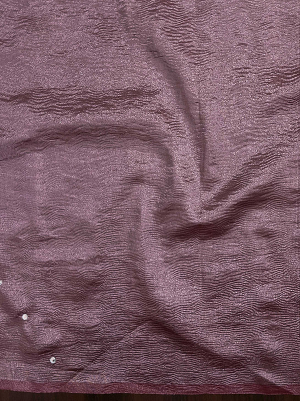 Banarasee Handwoven Crushed Tissue Saree With Mirror Work & Contrast Border-Pastel Green