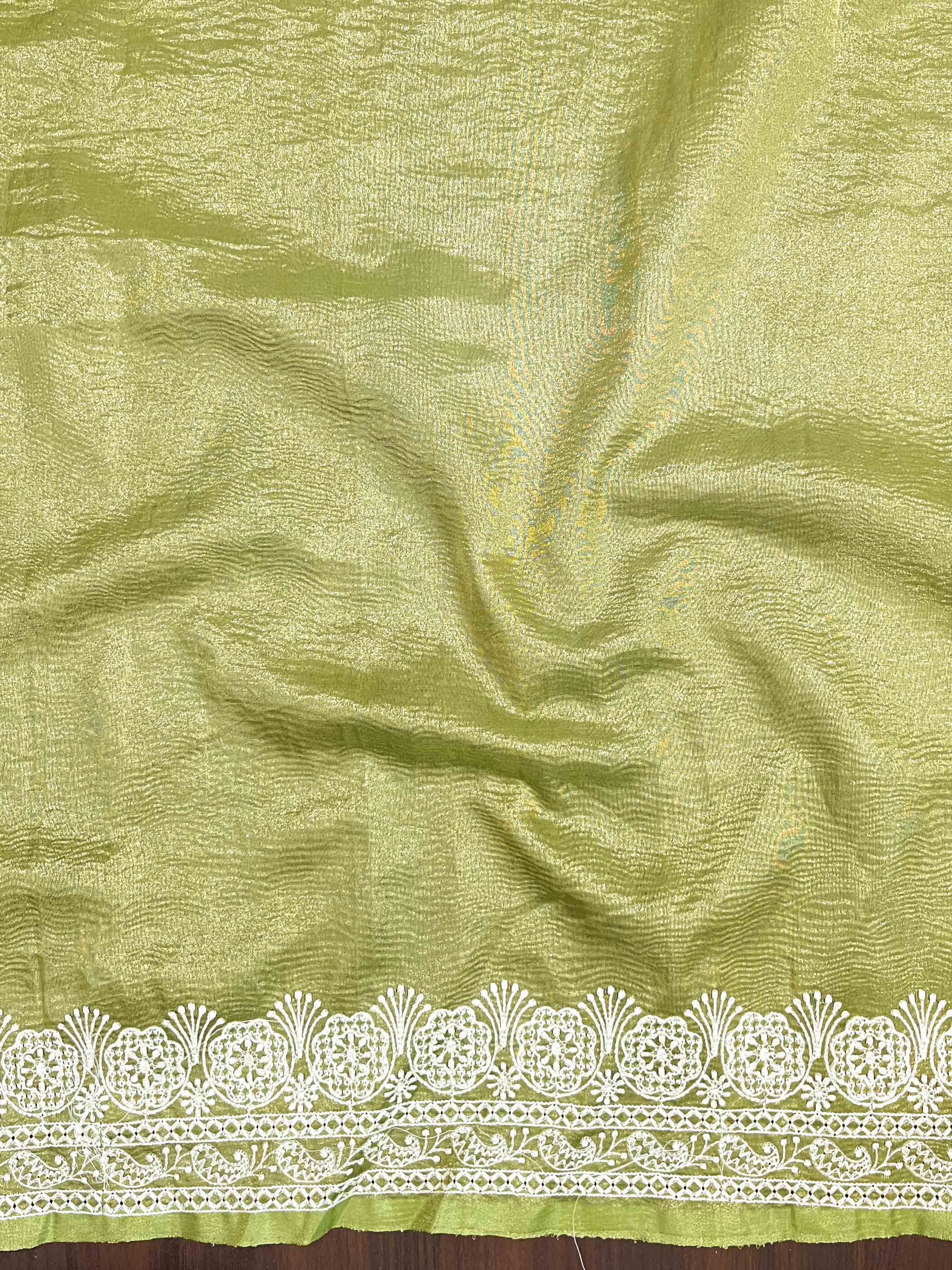 Banarasee Handwoven Crushed Tissue Saree With Chikankari Work-Olive Green