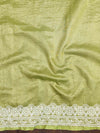 Banarasee Handwoven Crushed Tissue Saree With Chikankari Work-Olive Green