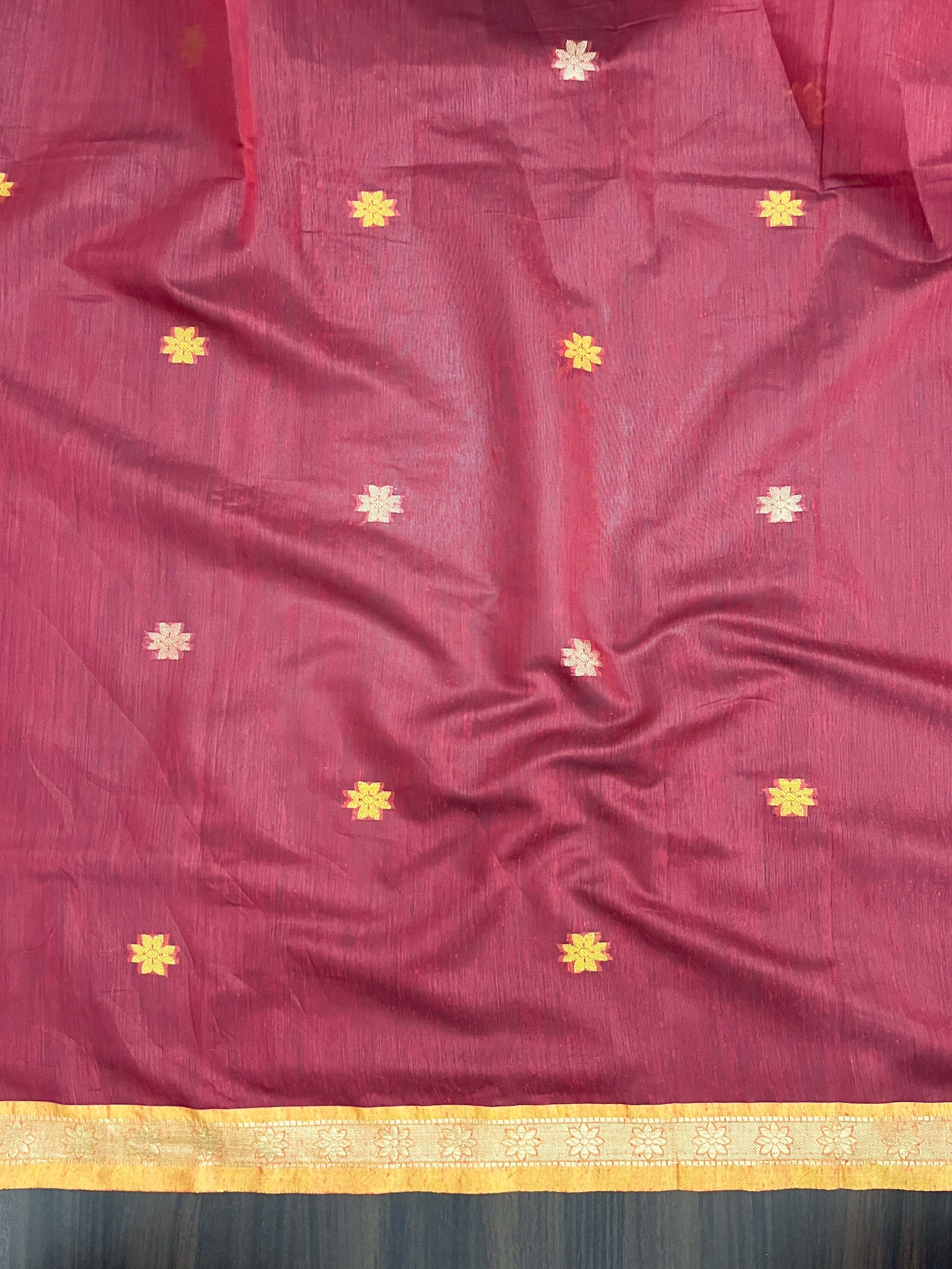 Banarasee Handloom Cotton Silk Saree With Buti Design & Contrast Pallu-Black & Maroon