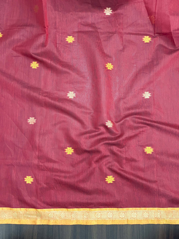 Banarasee Handloom Cotton Silk Saree With Buti Design & Contrast Pallu-Black & Maroon