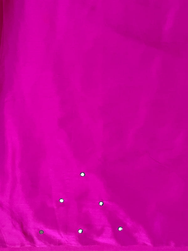 Banarasee Handloom Satin Hand Dyed Saree With Mirror Work-Orange & Pink