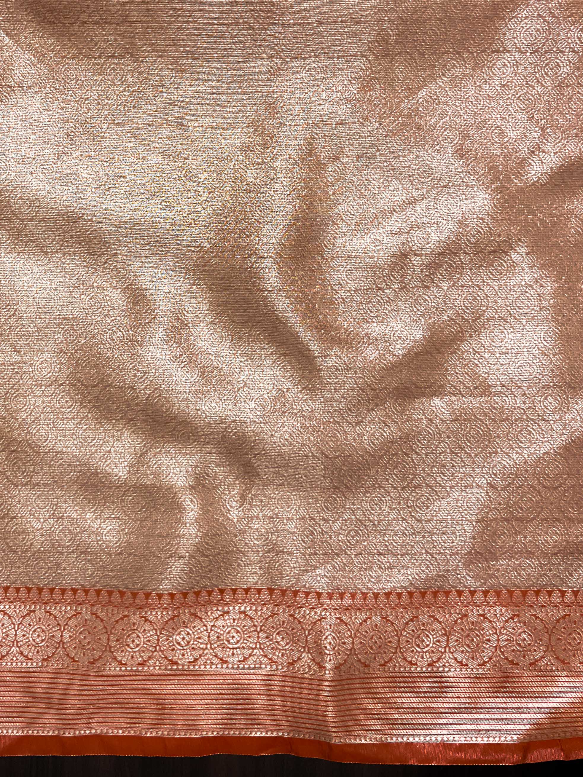 Banarasee Handwoven Tissue Saree With Zari Woven Design & Broad Border-Rust