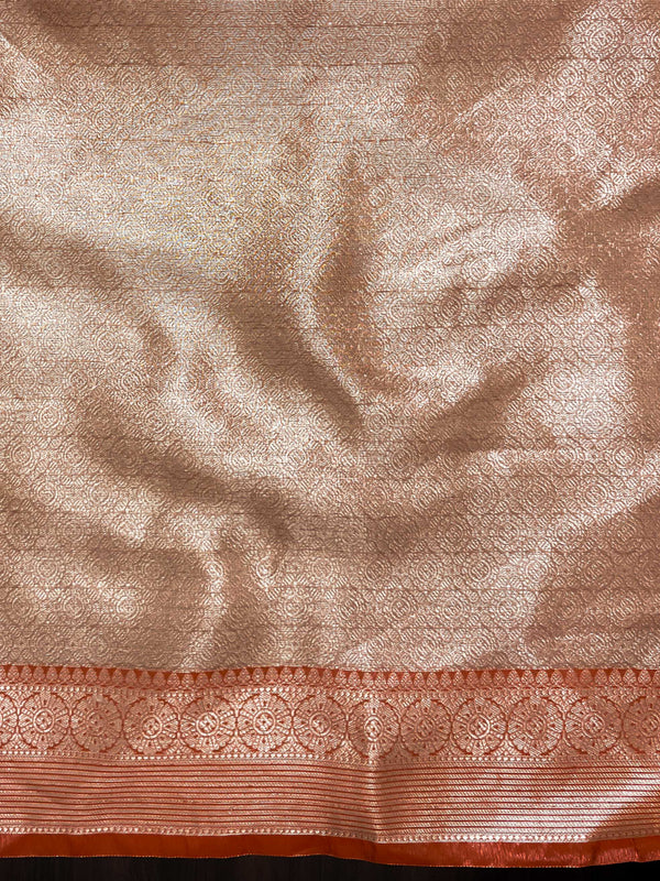 Banarasee Handwoven Tissue Saree With Zari Woven Design & Broad Border-Rust