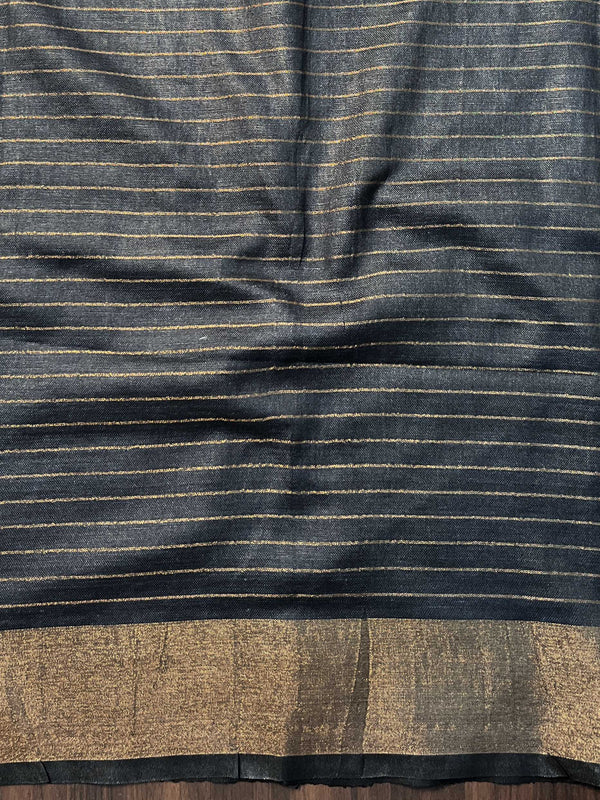 Bhagalpur Handloom Pure Linen Saree With Zari Checks Design-Off White & Black