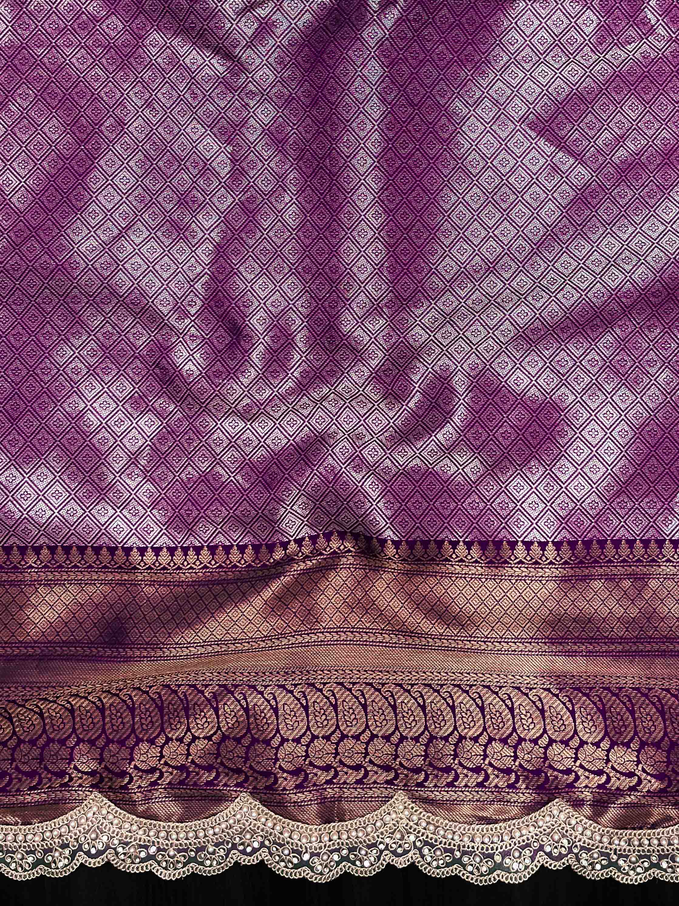Banarasee Handwoven Dual Tone Tissue Saree With Zari Woven Design Contrast Border & Lace-Rust & Purple