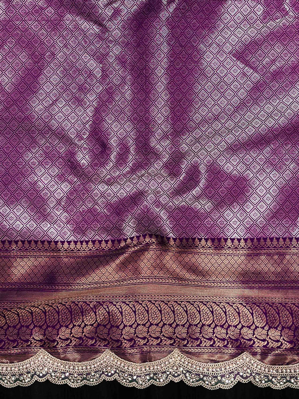 Banarasee Handwoven Dual Tone Tissue Saree With Zari Woven Design Contrast Border & Lace-Rust & Purple