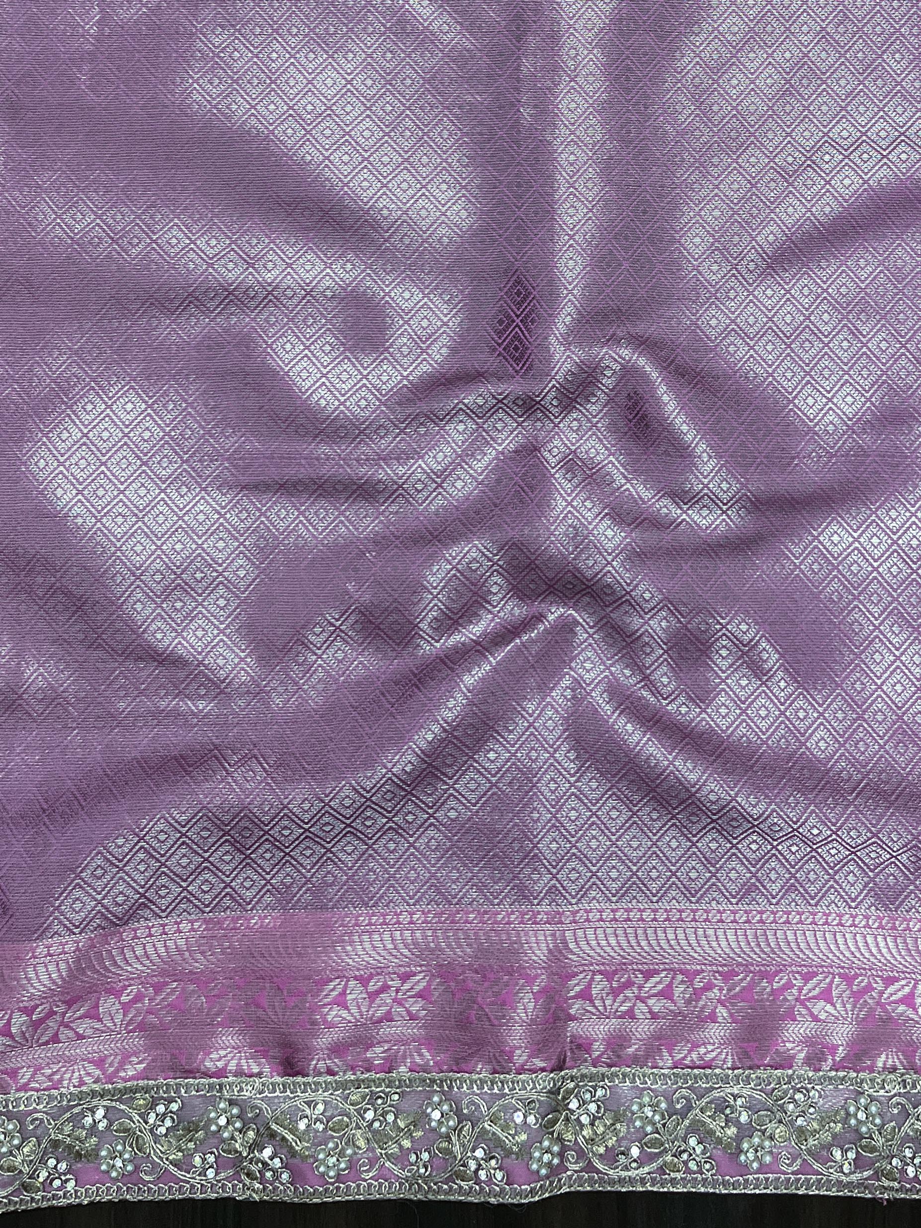 Banarasee Handwoven Tissue Saree With Zari Woven Design Contrast Border & Lace-Blue & Lavender