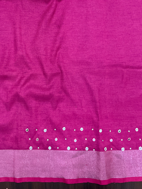 Bhagalpur Handloom Pure Linen Saree With Mirror Work & Contrast Border-Mustard Yellow