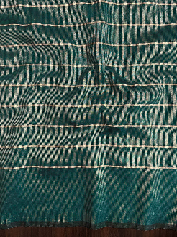 Banarasee Handloom Semi Silk Saree With Gold Zari Stripes-Teal Green