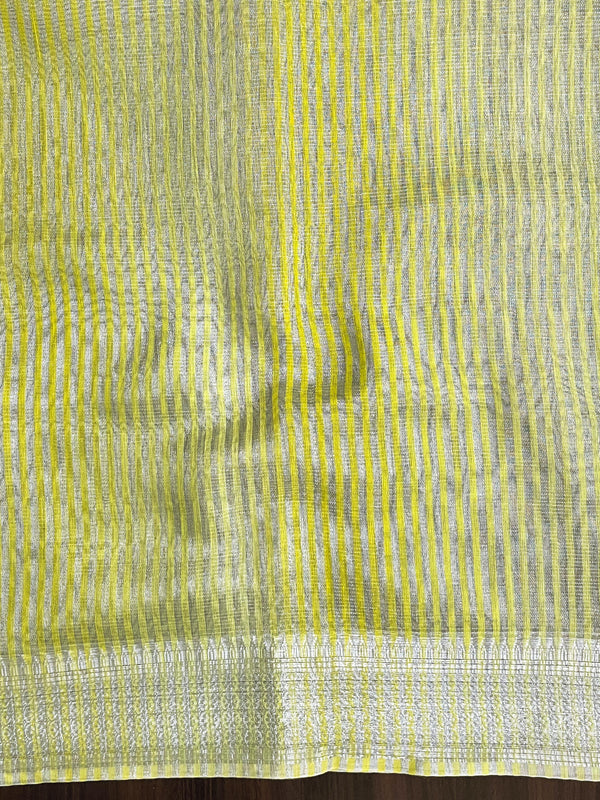 Banarasee Handloom Linen Tissue Saree With Silver Zari Stripes & Border-Light Yellow
