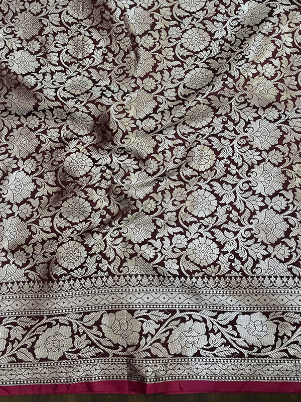 Banarasee Handloom Semi Silk Plain Saree With Silver Zari Floral Border-Burgundy
