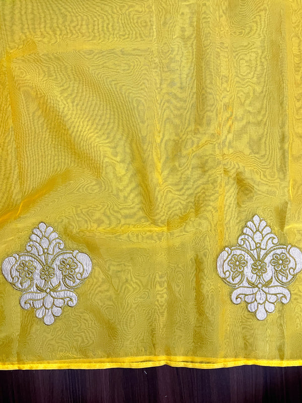 Banarasee Organza Mix Saree With Embroidered Buta & Applique Work Pallu-Yellow