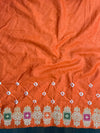 Banarasee Handloom Semi Silk Bandhej Saree With Broad Zari Floral Border-Orange