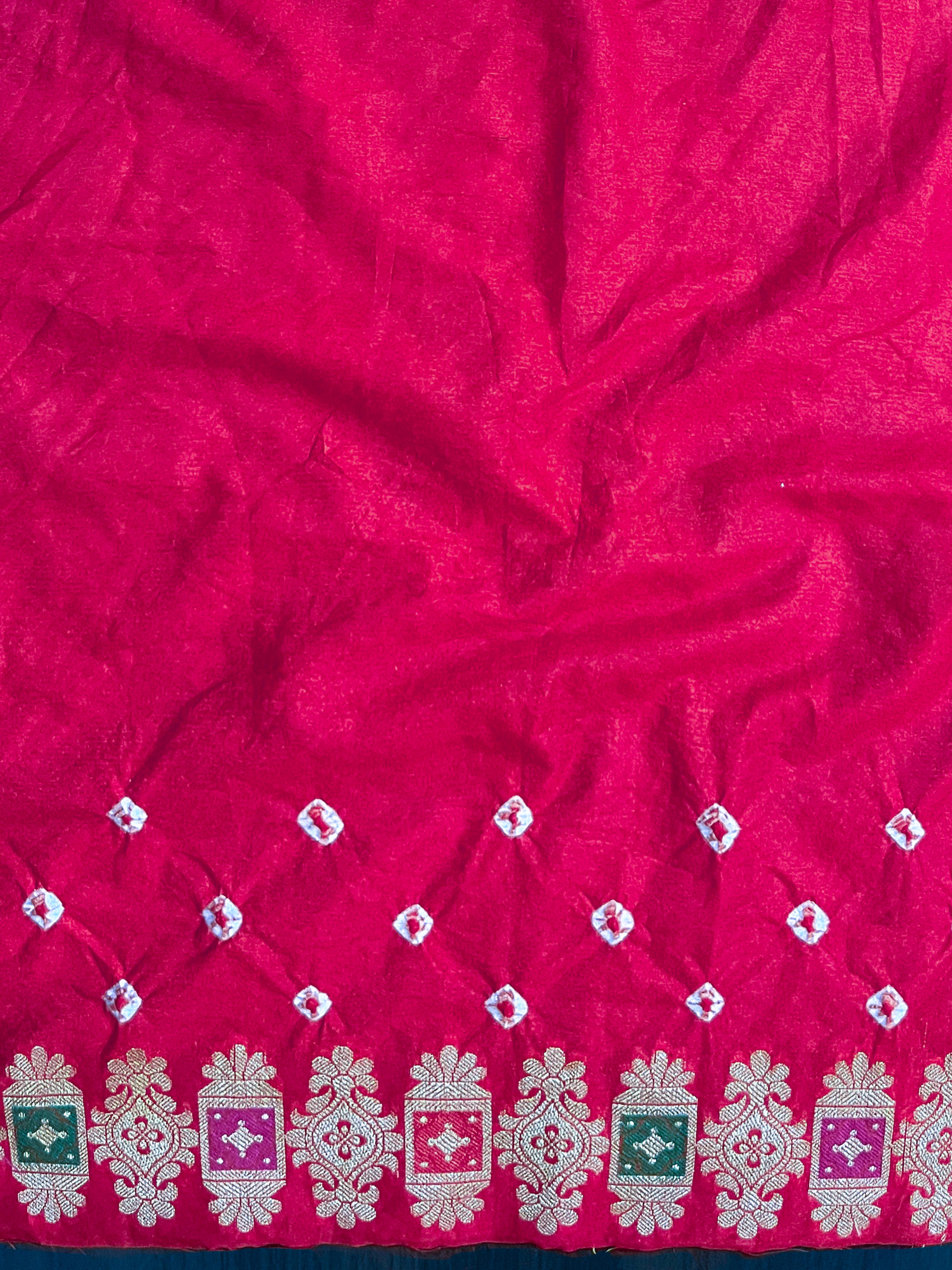 Banarasee Handloom Semi Silk Bandhej Saree With Zari Jaal Design Mirror Work & Floral Border-Pink