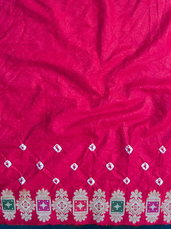 Banarasee Handloom Semi Silk Bandhej Saree With Zari Jaal Design Mirror Work & Floral Border-Pink