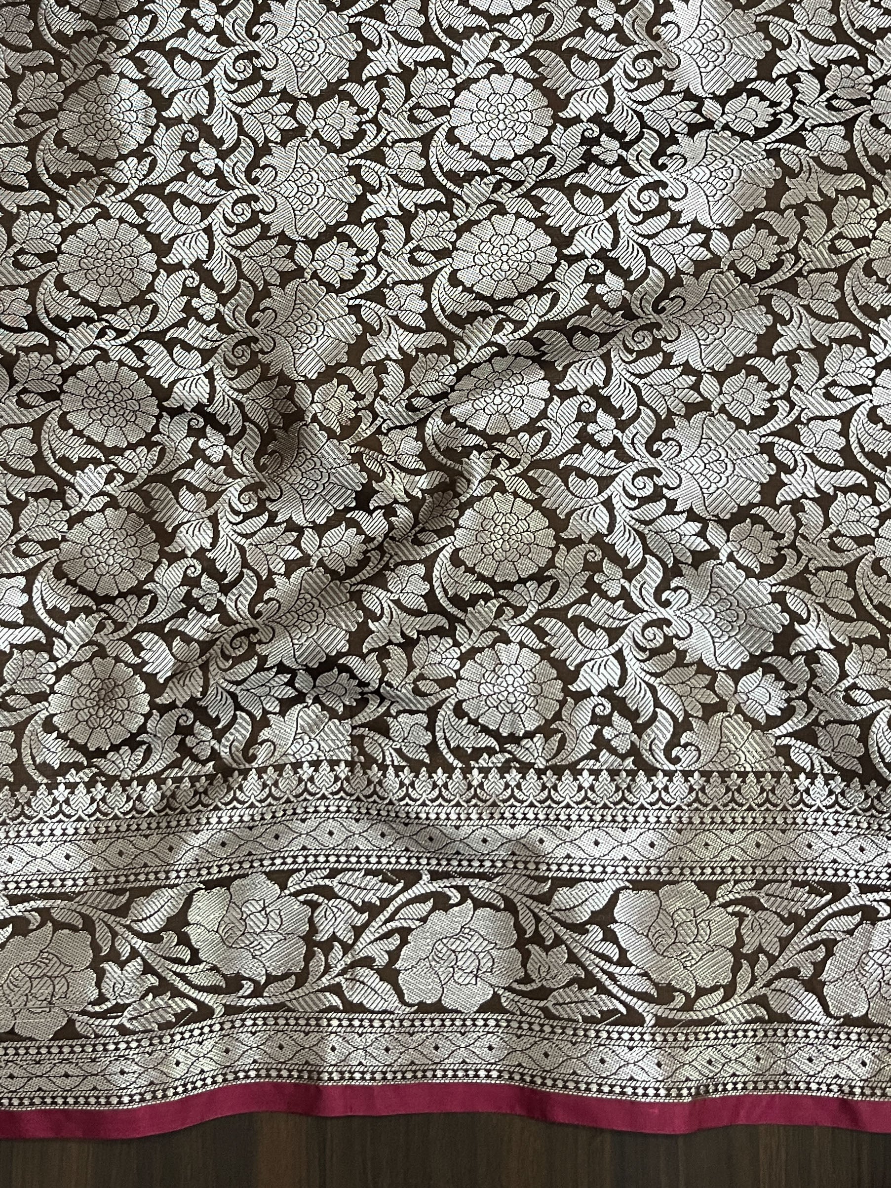 Banarasee Handloom Semi Silk Plain Saree With Silver Zari Floral Border-Brown