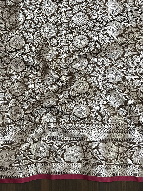 Banarasee Handloom Semi Silk Plain Saree With Silver Zari Floral Border-Brown