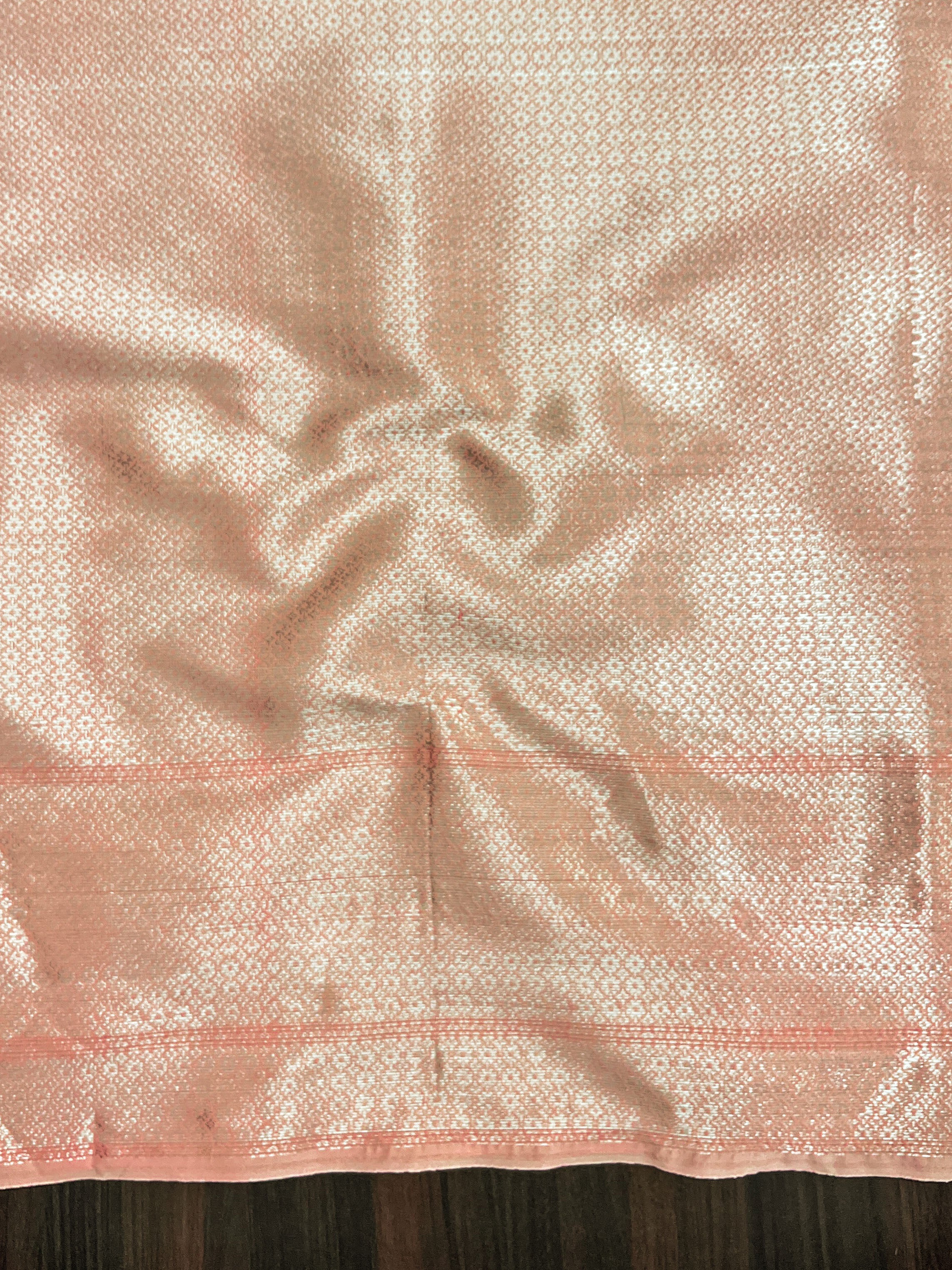 Banarasee Handloom Cotton Silk Saree With Silver Zari Buti Design & Broad Border-Peach