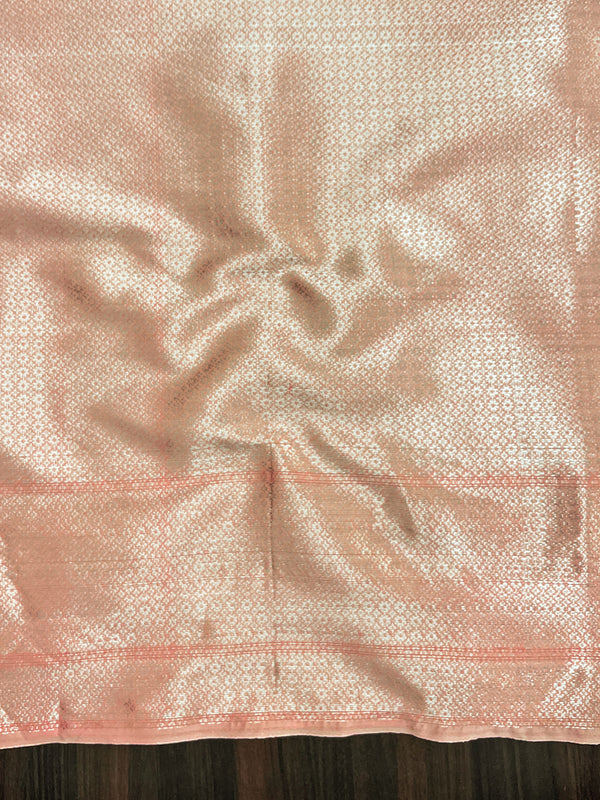 Banarasee Handloom Cotton Silk Saree With Silver Zari Buti Design & Broad Border-Peach