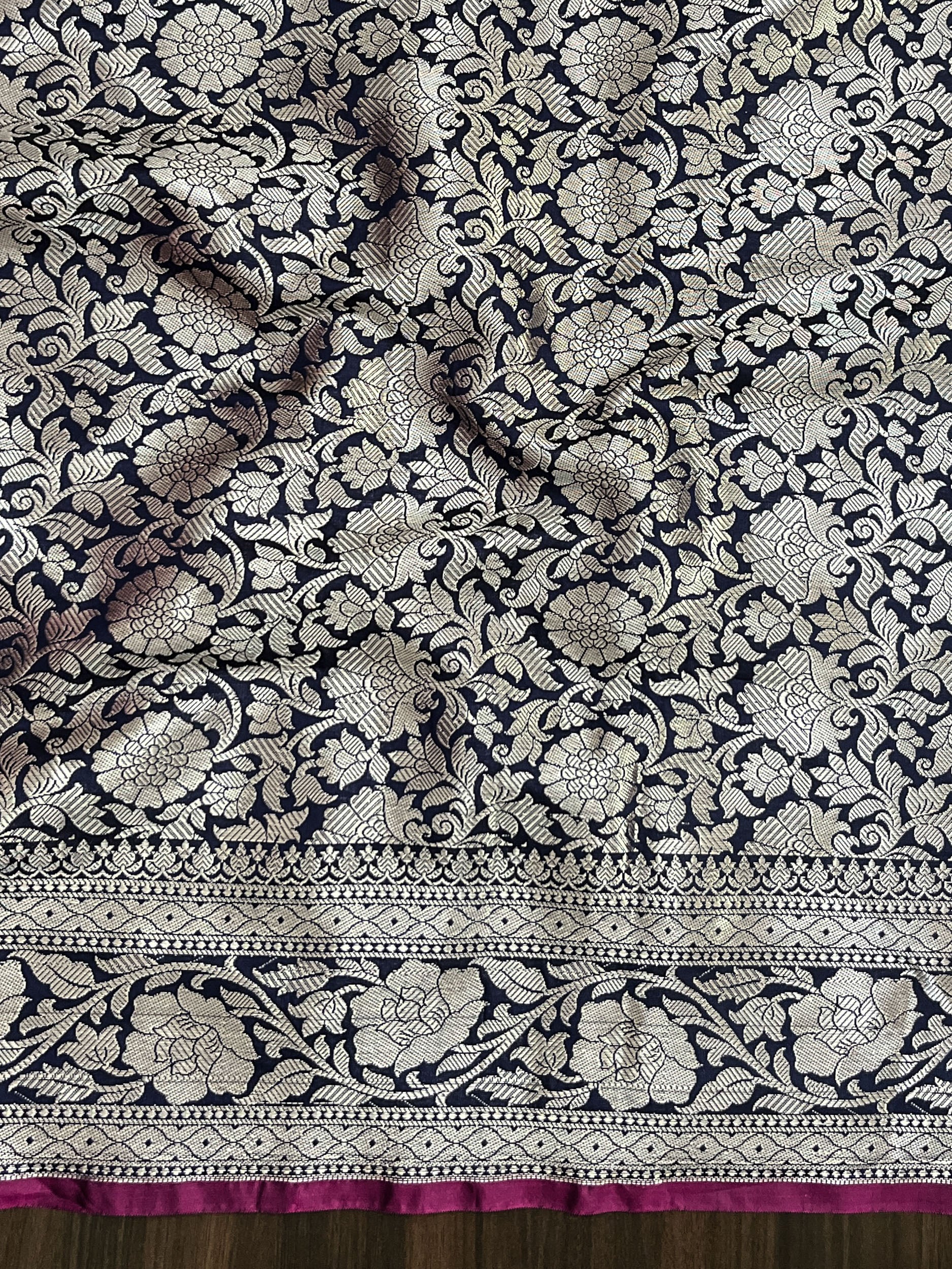 Banarasee Handloom Semi Silk Plain Saree With Silver Zari Floral Border-Navy Blue