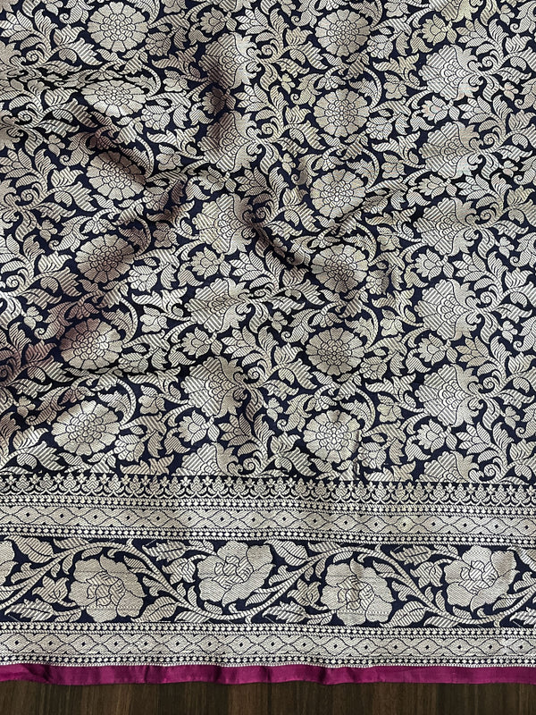Banarasee Handloom Semi Silk Plain Saree With Silver Zari Floral Border-Navy Blue