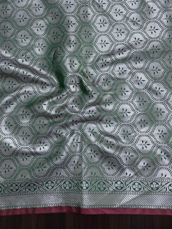 Banarasee Handloom Semi Silk Saree With Silver Zari Floral Design & Border-Leaf Green
