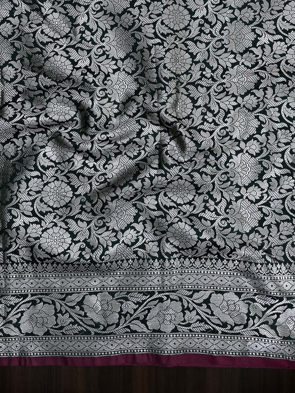 Banarasee Handloom Semi Silk Plain Saree With Silver Zari Floral Border-Deep Green