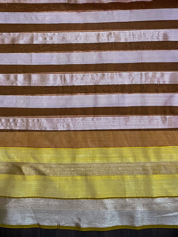Banarasee Organza Mix Saree With Zari & Resham Work & Contrast Border-Burgundy & Yellow