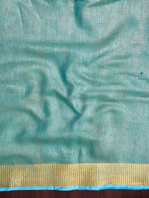 Bhagalpur Handloom Linen Tissue Metallic Shine Saree With Hand Woven Floral Motifs-Mint Blue