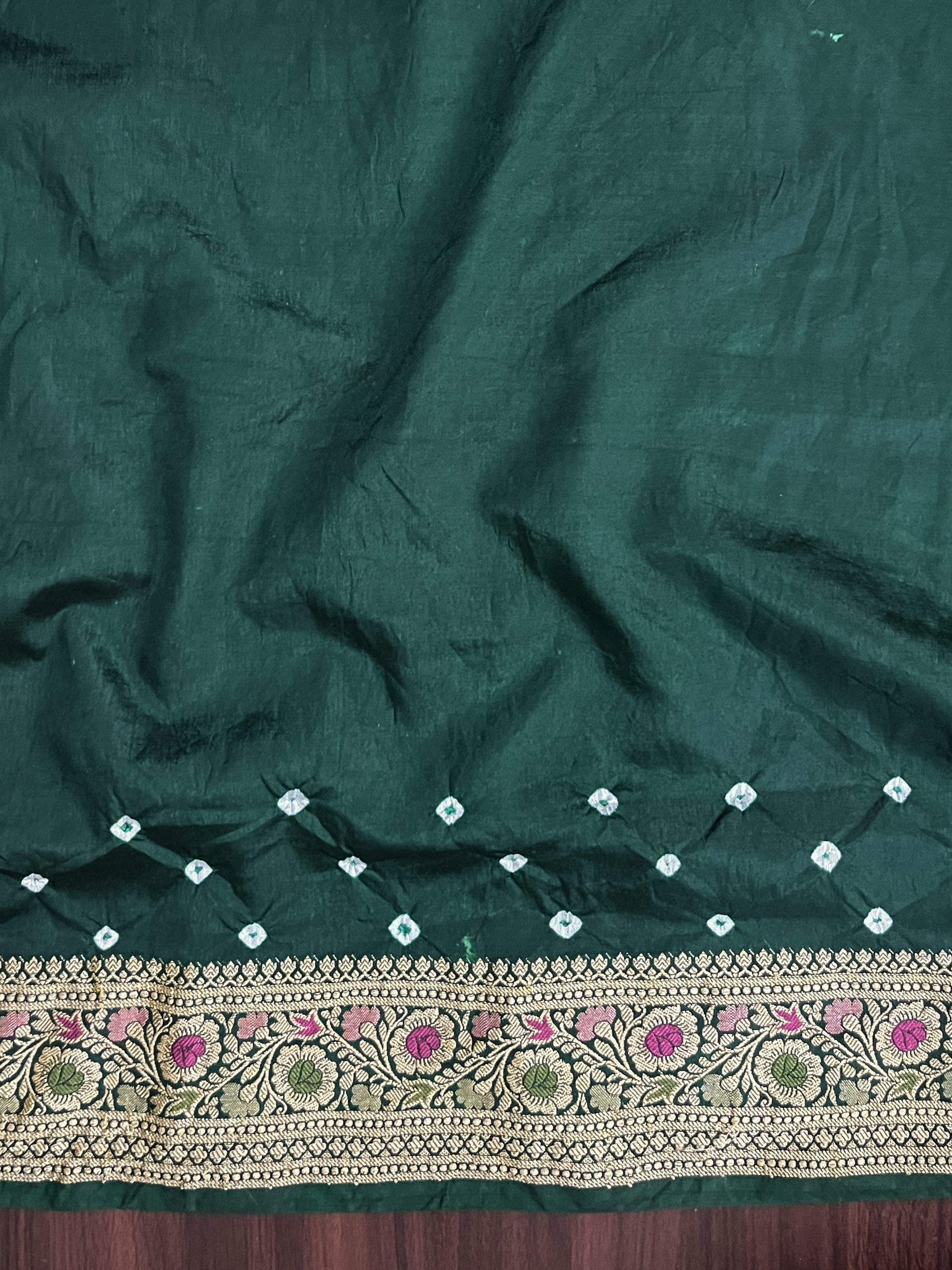 Banarasee Handloom Semi Silk Bandhej Saree With Broad Zari Floral Border-Deep Green