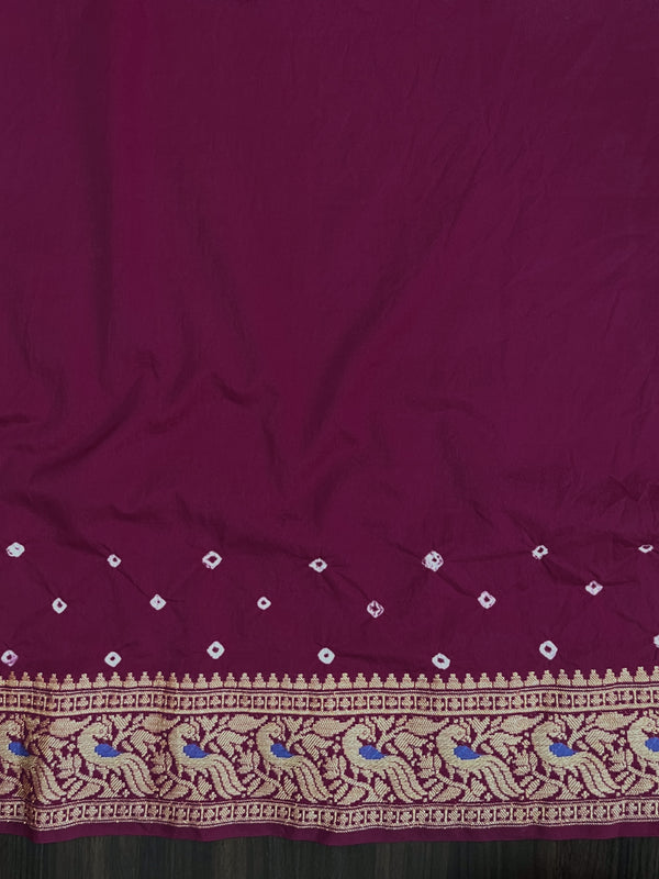 Banarasee Handloom Semi Silk Bandhej Saree With Broad Zari Floral Border-Violet